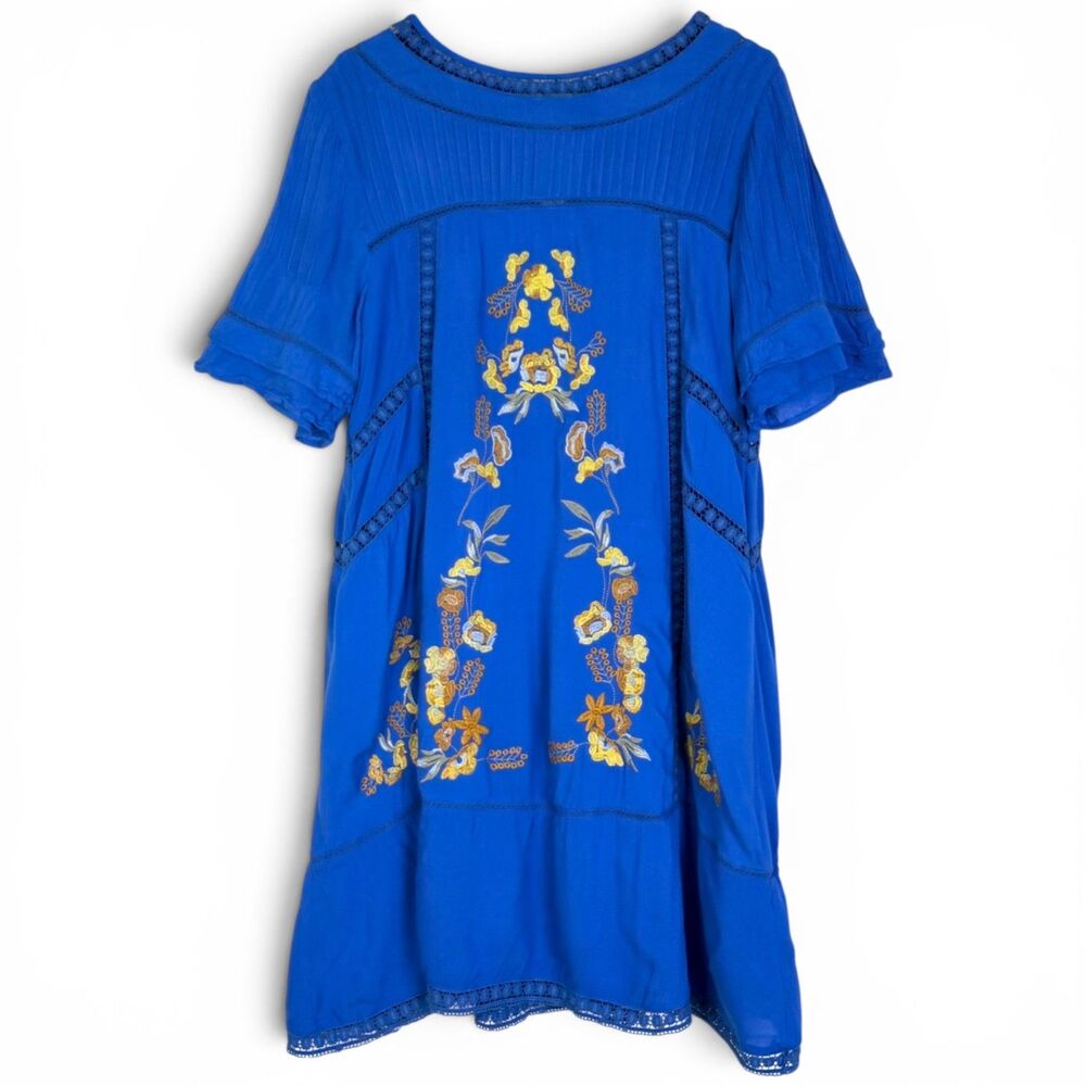 boho embroidered floral peasant shift blue lined dress medium by brass & roe